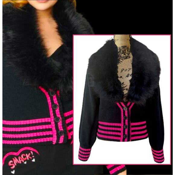 Betty & Veronica x Unique Vintage  Black & Pink Smack Sweater Cardigan Size 3x - Picture 2 of 7